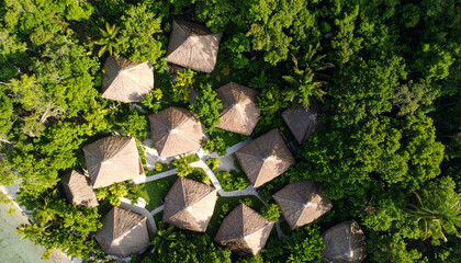 Aerial view of tropical huts surrounded by lush green trees and pathways, creating peaceful and natural resort setting