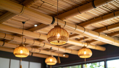 Elegant bamboo pendant lights hang from bamboo ceiling, creating warm and natural house design that blends traditional and modern aesthetics