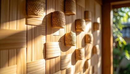 Wall decorated with woven bamboo containers and wooden panels, illuminated by warm sunlight creating cozy and natural ambiance, emphasizing design