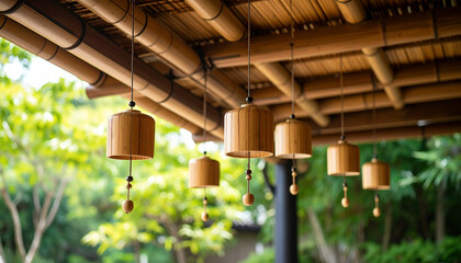 Series of hanging bamboo lamps with wooden design create warm and natural ambiance in outdoor setting, surrounded by lush green trees and foliage