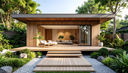 Modern house with wooden design and outdoor seating area surrounded by lush greenery and trees, creating peaceful and stylish living space