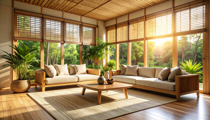 Bright living room with large windows showcasing lush greenery and sunlight, featuring bamboo accents and cozy design that creates warm