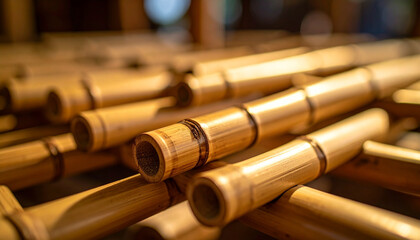Close up of bamboo poles used construction, showcasing craftsmanship and natural material texture, with warm lighting highlighting bamboo smooth