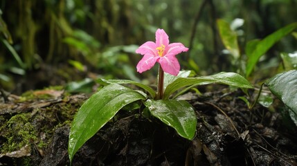 Pink flower in a rainforest setting
