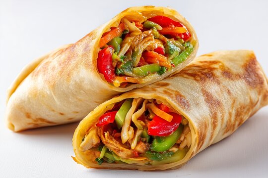 Indian vegetable kathi roll cross-section on white background &ndash; generative AI