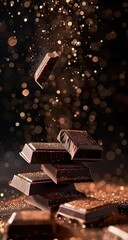 Stack of dark chocolate pieces with one flying, golden spots on dark background, creating a luxurious and delicious atmosphere