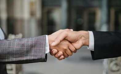 Business handshake of two hands in formal attire against outdoor blurred background, showing formality and trust in business cooperation