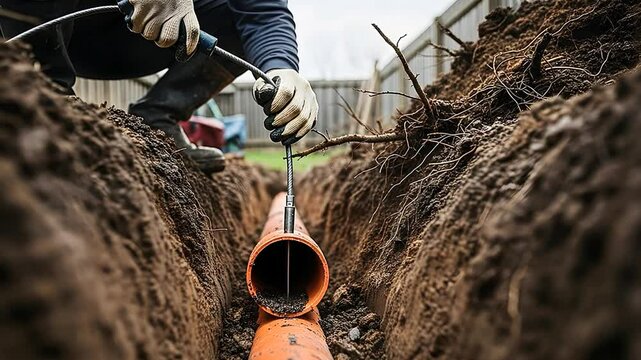Cleaning Clogged Pipe in Trench with Hand Tool Outdoor