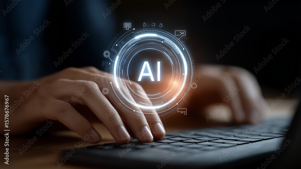 Poster ai hologram interface on keyboard with digital ui elements