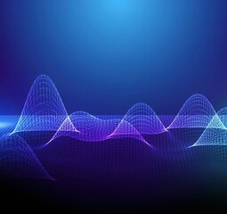 Futuristic Tech Wave: Colorful Light Ripples and Geometric Grid on Dark Blue Background, Representing Data Flow and Sound Diffusion