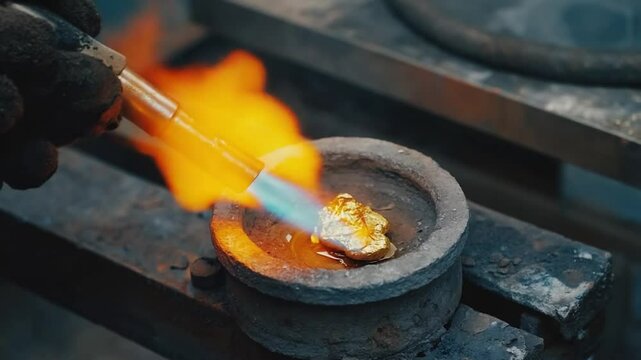 Gold being melted in a crucible using a torch