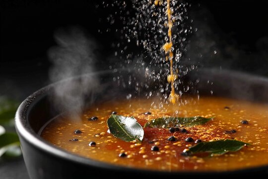 Hot Indian rasam pouring with spices mid-air on black background &ndash; generative AI