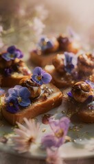 Fototapeta premium French escargots elegantly plated on toast with truffle oil drizzle and edible flowers