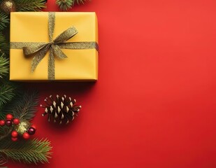 Christmas Gift on Red Background: Yellow Box with Gold Ribbon, Pine Branches, and Red Berries for Festive Vibe