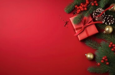 Christmas Decor Corner on Red Background: Red Gift Box, Pine Branches, Gold Ornaments, and Red Berries for Festive Atmosphere