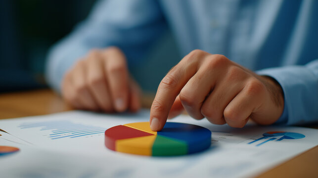 Hands Placing Pie Chart Segments on Business Analytics Sheets