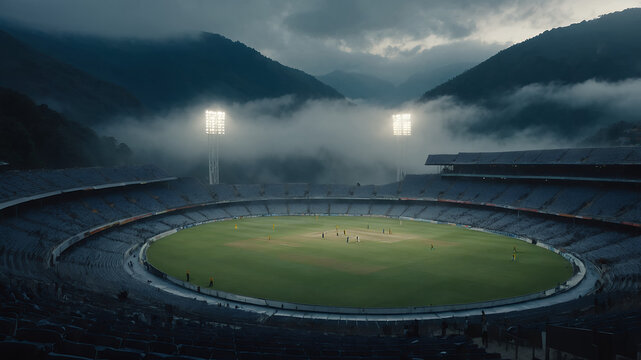 Aerial view of a cricket stadium with mountains and fog under a cloudy sky at dusk or dawn time - Powered by Adobe