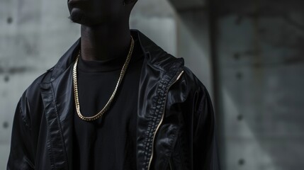 Black Man with Gold Chain Necklace in Black Clothing