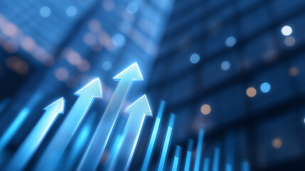 Holographic Arrows Overlaying Modern Skyscraper Facade with Graphs