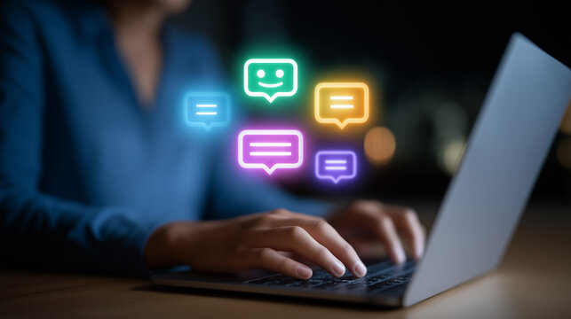 Close-up of hands typing on laptop with chatbot and speech bubbles - Powered by Adobe