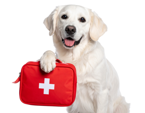 Retriever Tilting Head While Holding Red First Aid Kit, One Paw Slightly Raised, Isolated on Transparent Background”.