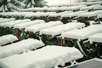 Fresh snow accumulating on photovoltaic panels during a winter blizzard, impacting electricity generation