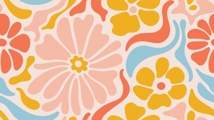 Retro floral pattern with large pink blooms and abstract shapes in yellow orange and blue hues design