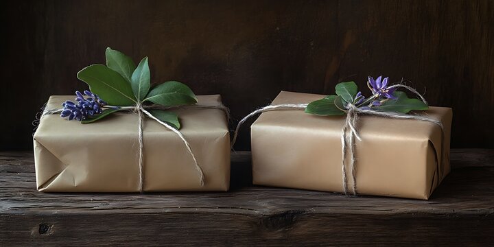 Two brown paper packages tied up with string