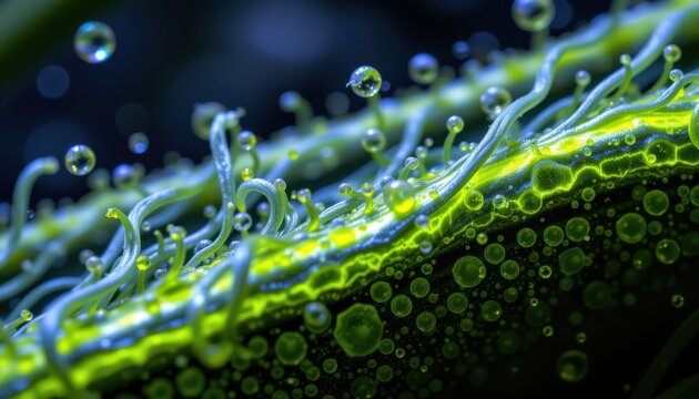 close up of chloroplasts in elodea cell, flowing along edge due to cytoplasmic streaming, glowing green edges.