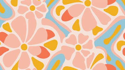 Retro floral pattern with pastel pink flowers and abstract shapes on a light background design aesthetic