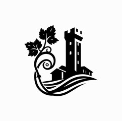 Minimalist Black Vector Logo of Grape Leaf with Tuscan Tower Silhouette Isolated on White Background