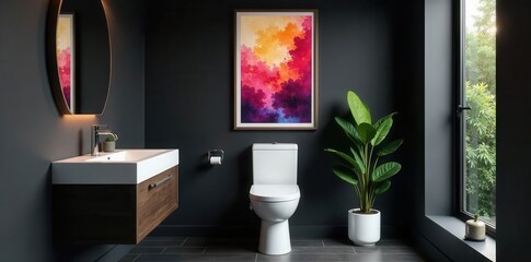 Black walls, floating vanity, graphic art poster above toilet , toilet, bathroom, geometric