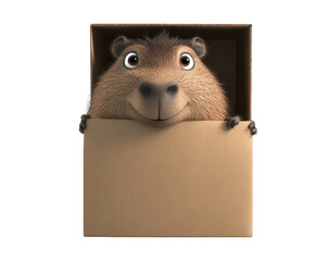A cute capybara is peering out of a cardboard box against an isolated on transparent background, its adorable face and curious expression capturing a playful moment