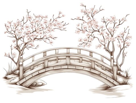 wooden bridge with cherry blossom trees clip art preview