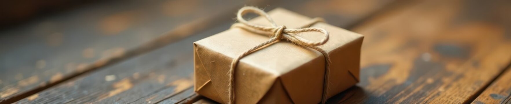 Small brown cardboard package tied with twine, express, wrap, brown paper