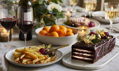 adult Christmas party. The centerpiece is a luxurious rectangular chocolate Christmas cake, featuring layers of rich chocolate ganache, fresh berries, and gold leaf accents.