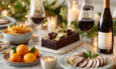 adult Christmas party. The centerpiece is a luxurious rectangular chocolate Christmas cake, featuring layers of rich chocolate ganache, fresh berries, and gold leaf accents.