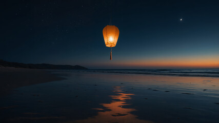 A floating lantern glows above a calm ocean at night under a starry sky and a crescent moon