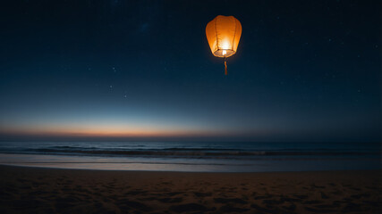 Illuminated sky lantern floating above a beach at night with a dark blue sky and ocean waves © Nuwan