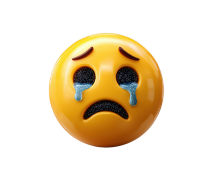 A yellow emoji face with dark eyes and blue tears, conveying sadness and despair, isolated on transparent background