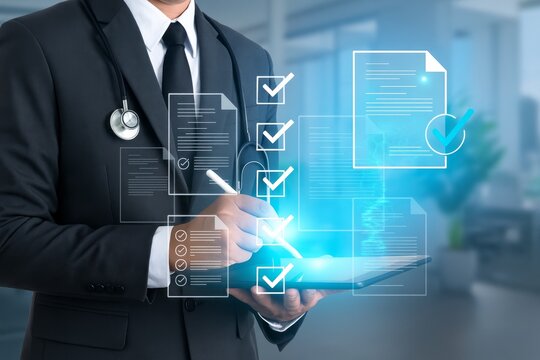 Doctor reviewing digital medical records on a tablet with a stethoscope, in a modern, professional office environment showing healthcare innovation