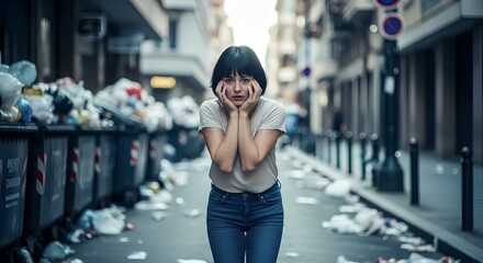 Woman distressed by urban trash pollution and environmental crisis on city street