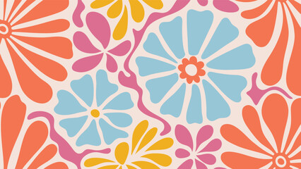 Fototapeta premium Retro floral pattern featuring orange, blue, yellow, and pink flowers on a light background art