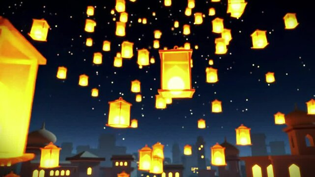 Many lanterns float above buildings at night with dots creating the illusion of stars