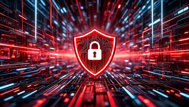 Red Shield Icon with Padlock on Digital Circuit Background