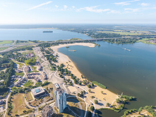 Aerial view of waterfront skyline, marina and high-rise housing