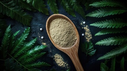 Light beige powder in a wooden spoon, surrounded by green fern leaves on a dark background