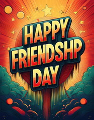 Fun comic-style retro greeting for Friendship Day with vibrant 3D ‘Happy Friendship Day!’ text, dotted halftone effects, stars, sparkles, and high-energy graphic design