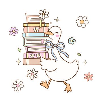 Draw funny silly goose reading Pastel flower bookish Trendy animal Doodle cartoon style