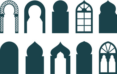 Islamic Geometric Frame Collection vector. A set of Islamic-style geometric frames in dark green, featuring mosque-inspired arch designs. These vector illustrations are isolated on a white background,